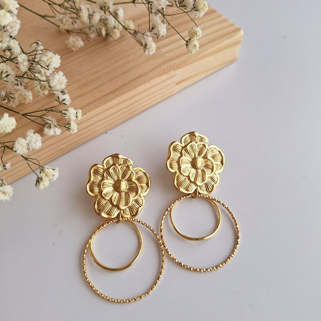 Boucles d'oreilles fleurs et doubles anneaux diamantés en acier inoxydable