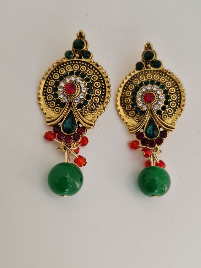 Boucles D'oreilles Vintage Retro Dorées Cristal Jade Vert Rouge