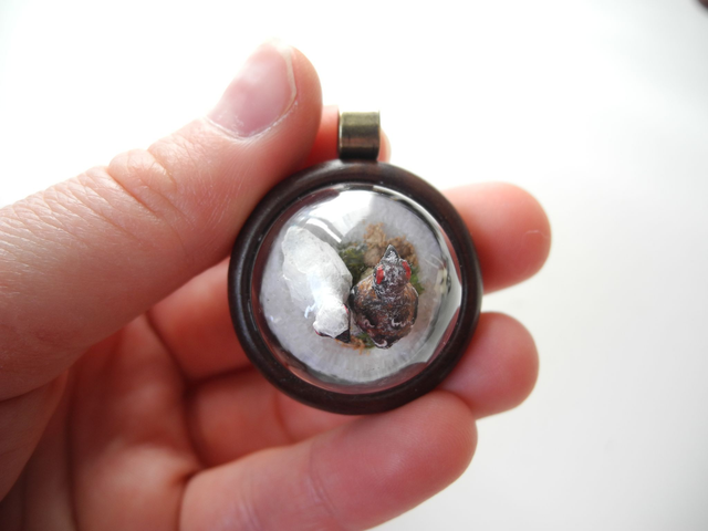 Rock Ptarmigans - OOAK Biosphere Wood Jewelry - Clear glass globe with two delicate Rock Ptarmigans inside– winter/spring inspired jewelry