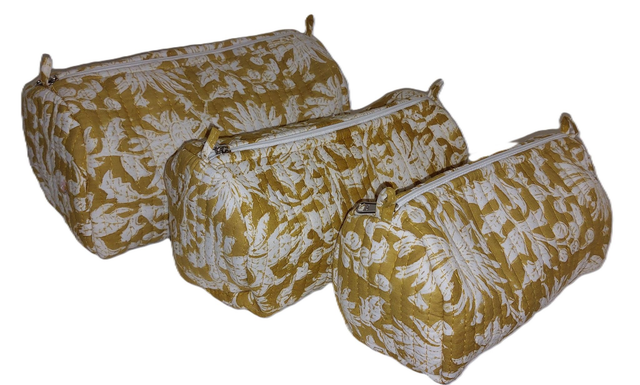 Trousse de toilette matelassée – Trousse de maquillage - Coton doublé fait main  - Jaune et blanc