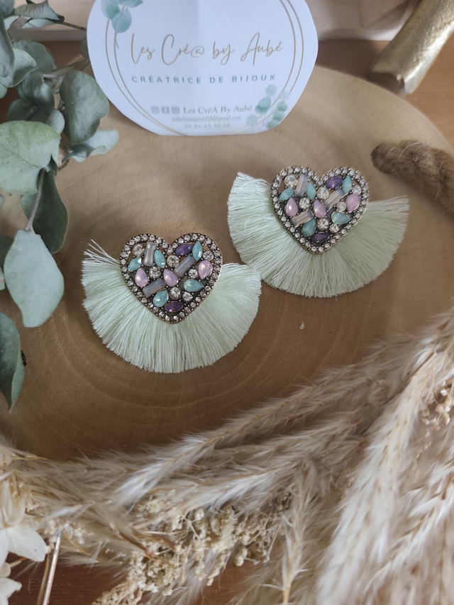 BO BOHEME COEUR STRASS/ POMPONS VERT D'EAU 0000742