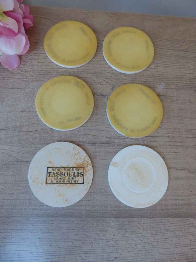 Lot de 6 sous-verres en céramique Tassoulis et Ariadne Fait Main en Grèce, Souvenirs de Grèce Décoration Bar Bistrot, Collection Chouettes