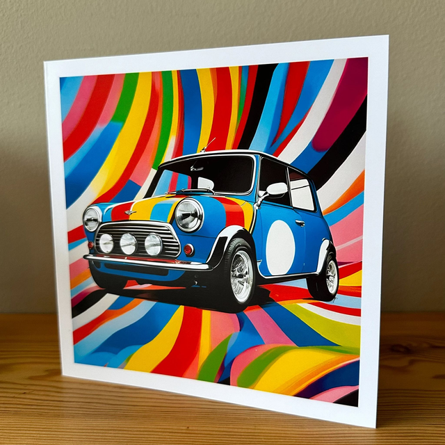 Classic Mini Cooper Pop Art Greeting Card – Retro Car Lovers Gift, Colourful &amp; Fun Card for Birthdays, Anniversaries, or Any Occasion