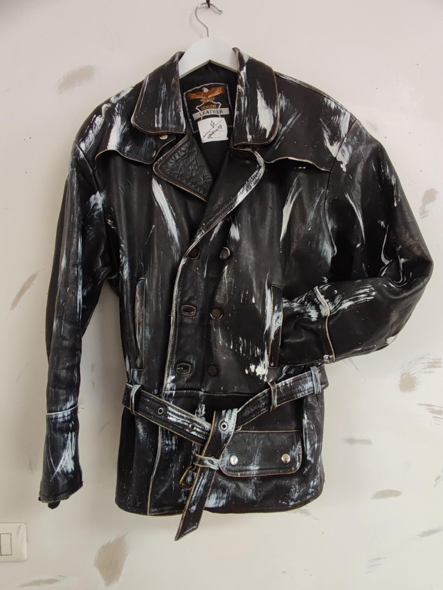 Reworked leather chiodo jacket with print 