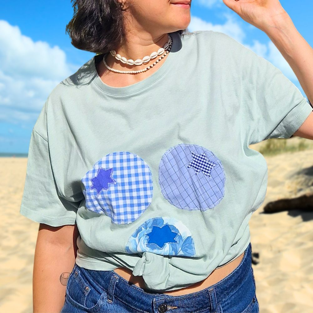 T-shirt upcyclé patchwork myrtilles – Taille L - XL