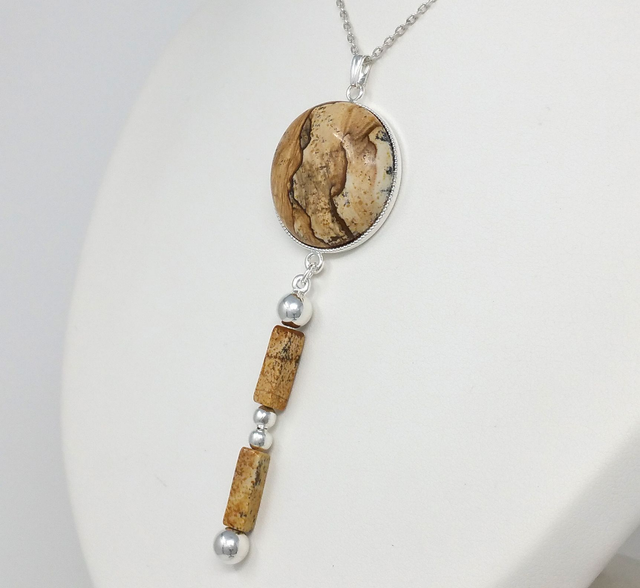 COLLIER CABOCHON DENDRITE PAYSAGE ET TUBE AVEC CHAINE 42 CM - C148FM
