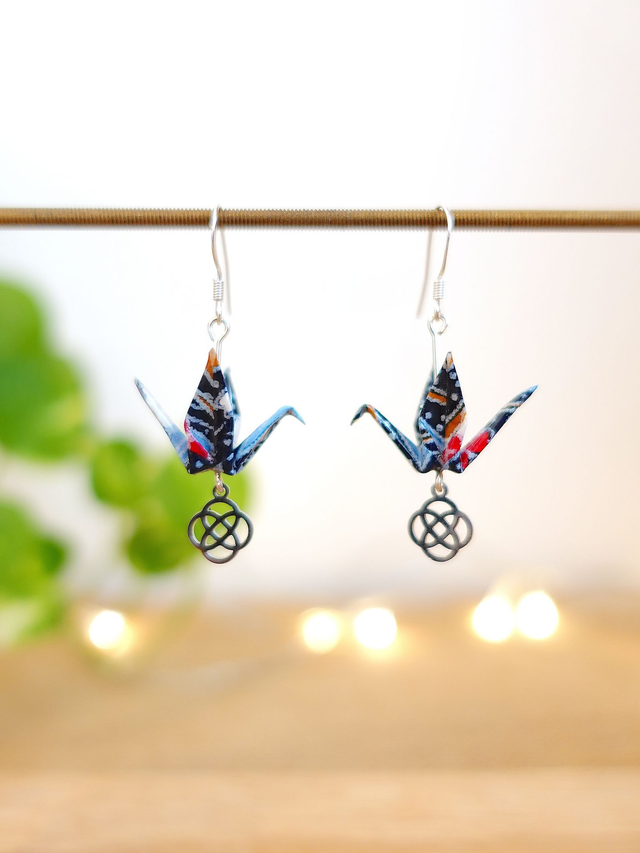 Origami oiseaux, grues / Argent 925 / Papier japonais washi / Noir, Argent / Boucles d'oreilles / Bijou origami /