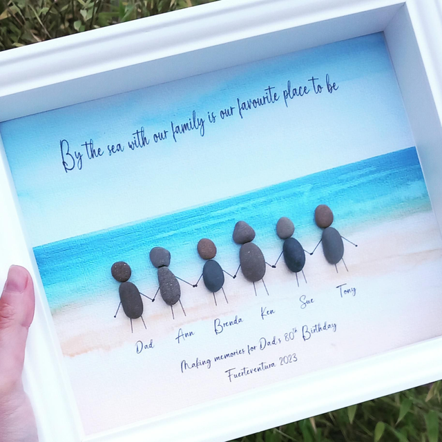 Personalised beach scene pebble picture, family holiday keepsake 