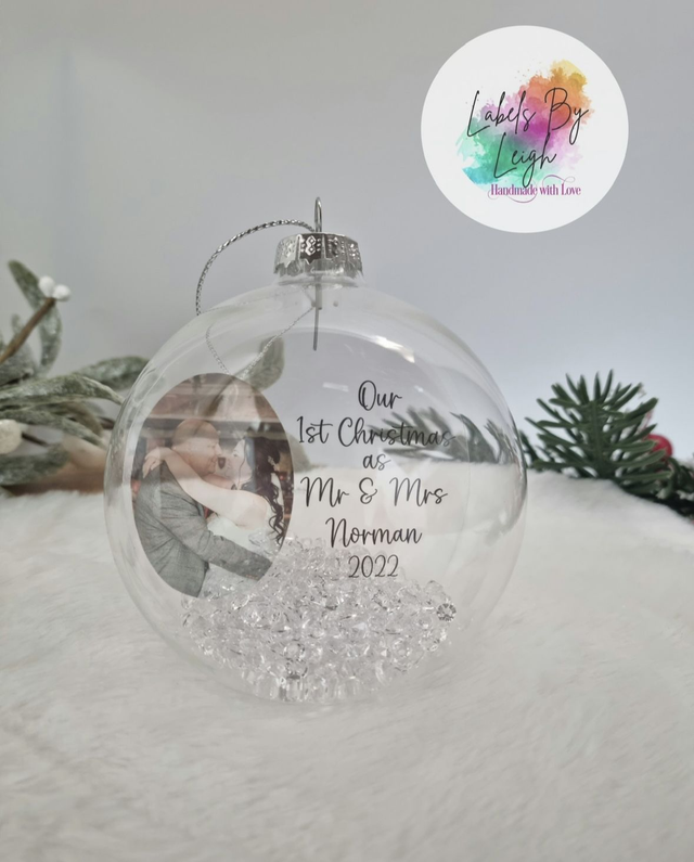Personalised 1st Christmas as Mr &amp; Mrs Photo glass Bauble 