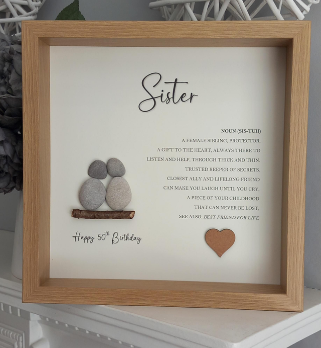 Pebble Art 50th Birthday Gift for Sister – Handmade Wall Art with Heartfelt Quote – Unique Milestone Keepsake Present