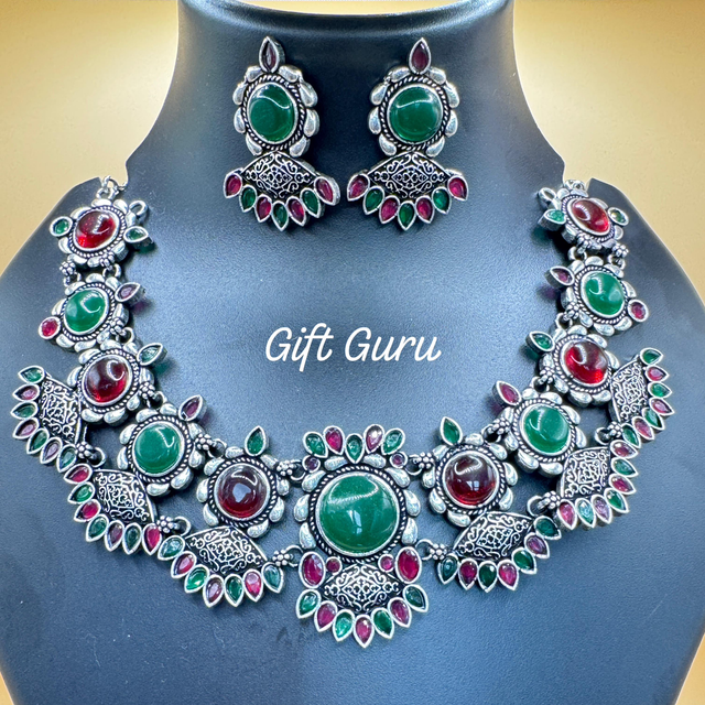 Oxidised Ruby &amp; Green stone necklace with Ear rings 