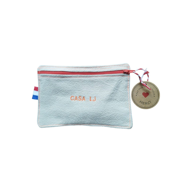 Porte monnaie/cartes 2 zips inversés en coton épais écru, zips orange