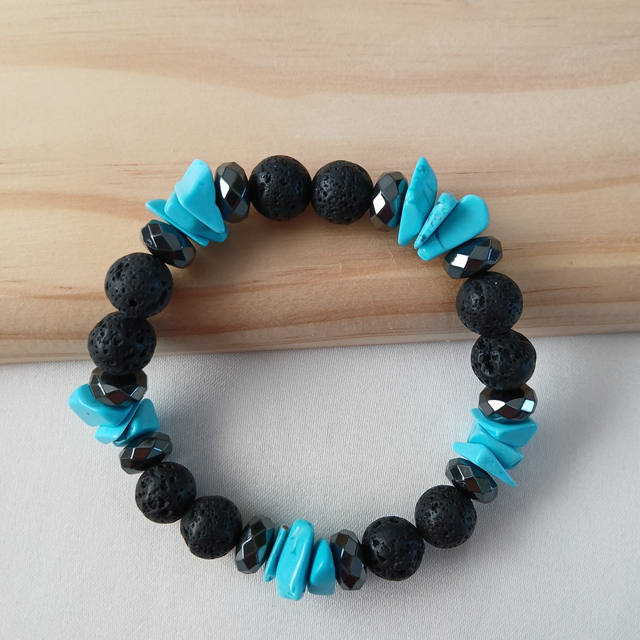 Heren armband Turkoois, Lavasteen & Hematiet – elastisch, polsomtrek 18 cm (2.071)