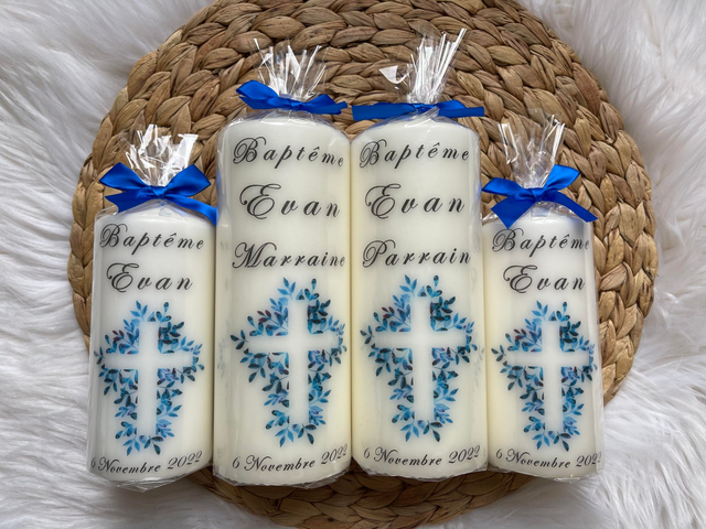 Bougie de baptême personnalisée Croix bleu