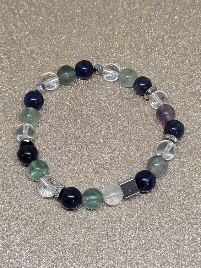 Bracelet Mémoire : Sodalite, Fluorite, Cristal de roche en 0,8 cm