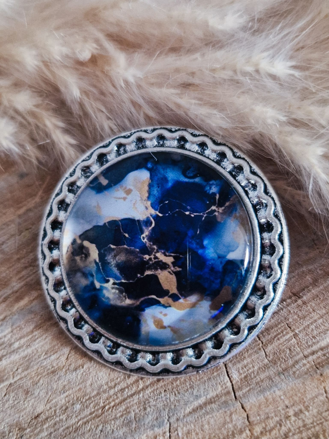 Broche cabochon "Marbré bleu" - Support argenté 