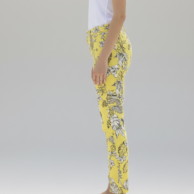 Jean Place du Jour Vintage - Coupe Slim Jaune à Motifs Fleurs Noires et Blanches