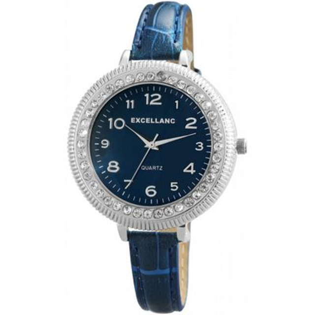 montre fond bleu marque Excellanc bracelet cuir bleu
