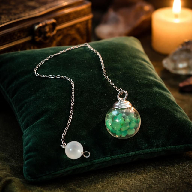 "Aventurine verte" - Pendule bulle de verre argentée - P-12