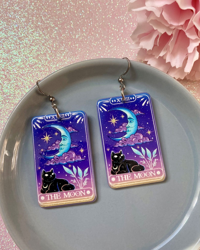 Boucles d'oreilles cartes de tarot La Lune &amp; chat noir