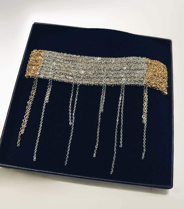 Bracelet tissé chaîne dorée et argent 8 rangs