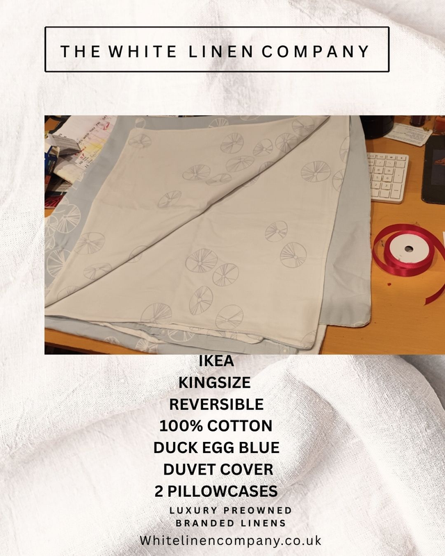 IKEA - Duck Egg Pale Blue Reversible White Kingsize 100% Cotton - 2 P/C