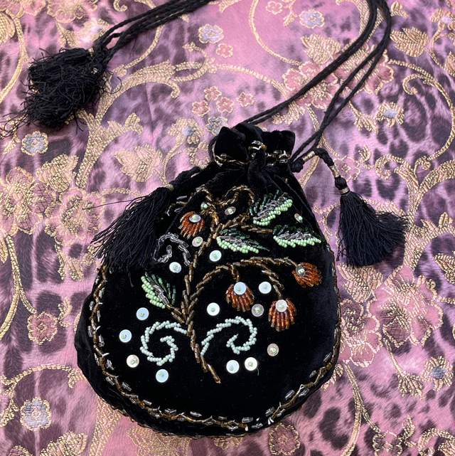 Antike Samttasche Zugbeutel Pailetten