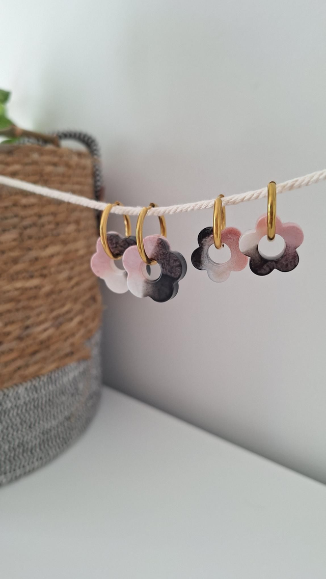 Boucles d&#039;oreilles Mère/Fille rose/noir/blanc