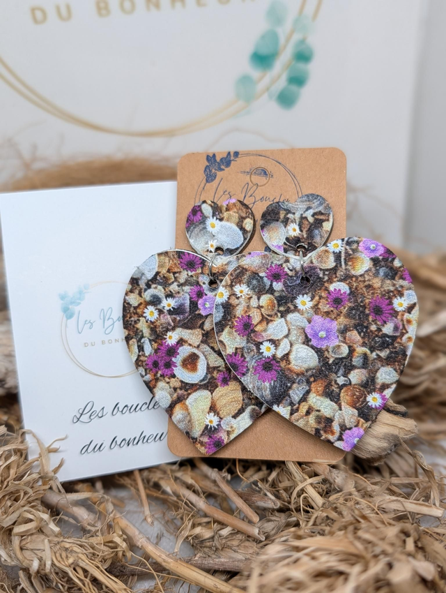 Boucles d'oreilles Maxi coeur ❤️ fleuri violet c112