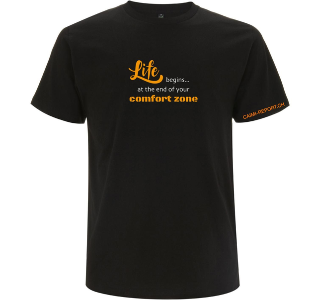 T-Shirt, Unisex, schwarz, «Life begins...» neon-orange, weiss