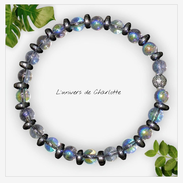 Bracelet "Cristal de roche aura &amp; Hématite" 6mm BR-310