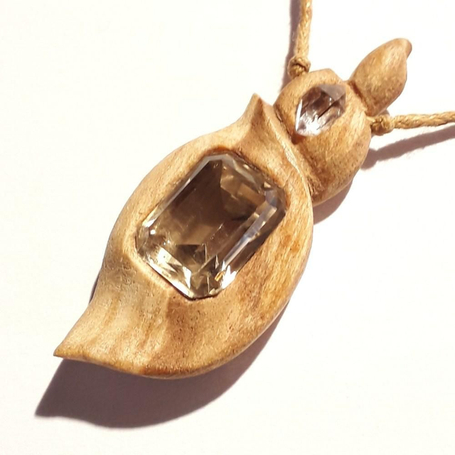 Magic Amulet with Faceted Golden Quartz, Herkimer Diamond and Hand Carved Palo Santo Wood 