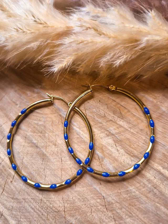Boucles d'oreilles "Créoles émaillées" - Modèle doré et bleu