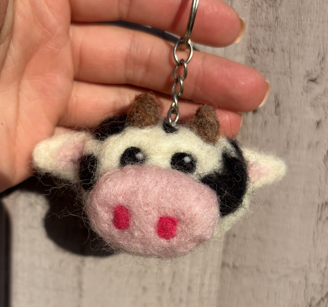 Needle-felt cow keyring 
