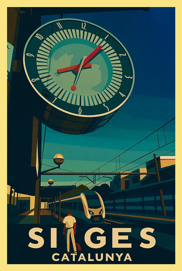 Póster turístico antiguo de Sitges: reloj de la estación de tren 