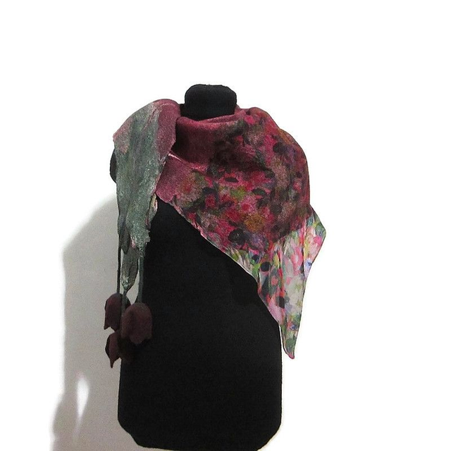 Scialle lana merino seta feltro Fatto a mano scialle Caldo infeltrimento fiori tulipani Sciarpa rosso donna Scialle Regalo unico