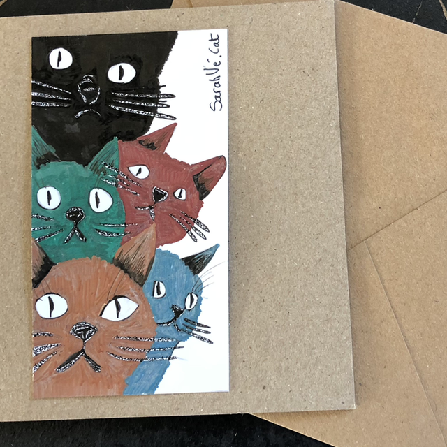 Carte - chats colorés - 13,5 x 13,5 cm - enveloppe kraft