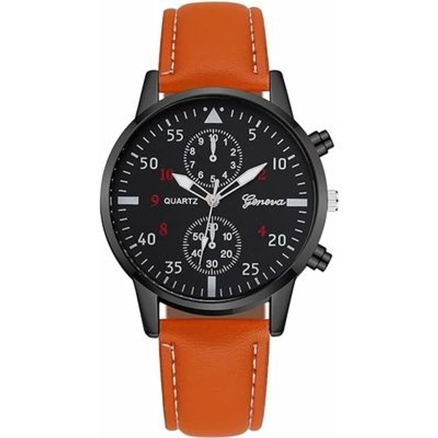 montre sport pour homme  fond noir,  avec deux petit cadran factice et son bracelet cuir de couleur marron 