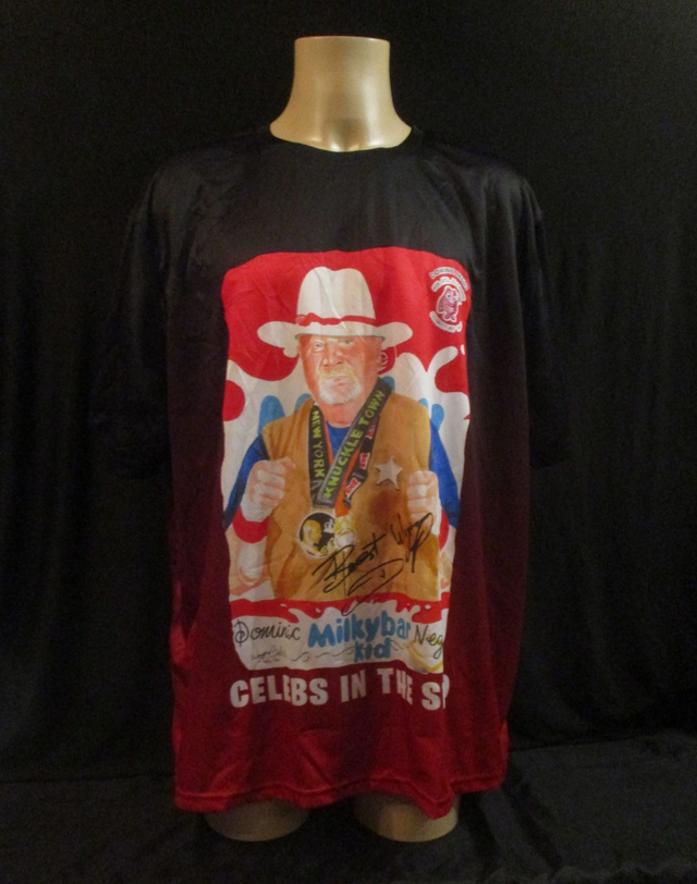 Dominic 'Milky Bar Kid' Negus Picture T-Shirt MENS ADULT 100% Polyester Crew Neck BLACK &amp; TANGERINE RED (4X-Large) Top