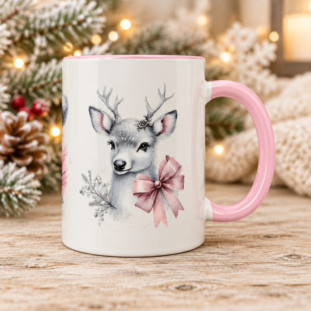 Pink Winter Wonderland Ceramic Mug | Wrap-Around Christmas Wildlife Design with Snowman, Owl & Reindeer