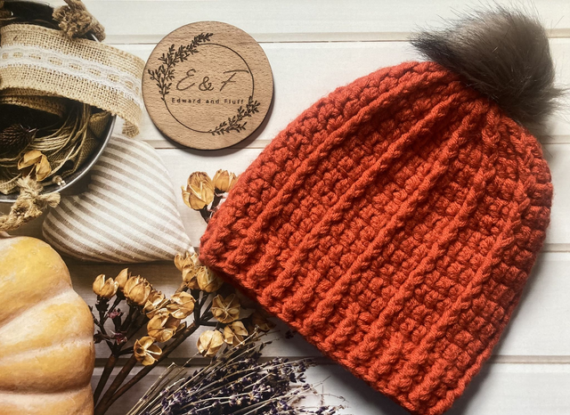 Handmade hat, Copper coloured crochet hat with bobble for adults.