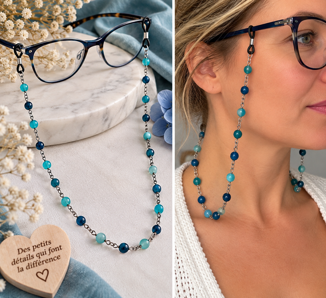 Chaîne de lunettes en acier inoxydable et pierres naturelles