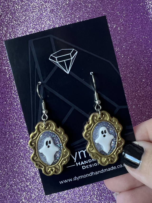 Halloween earrings - Glitter mirrors with a ghost