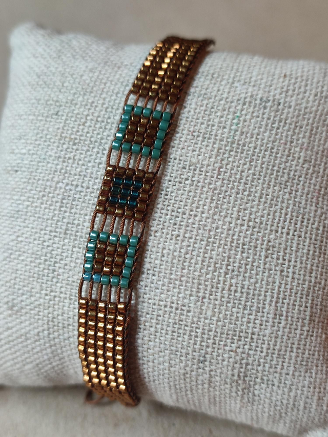 Z- Bracelet tissé main en perles de verre miyuki bleu et cuivre 