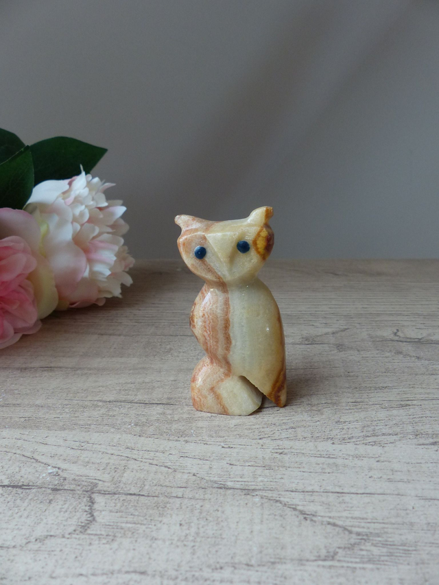 Figurine hibou en pierre sculptée - porte-bonheur vintage pour collection lithothérapie ou décoration naturelle - cadeau animal en pierre