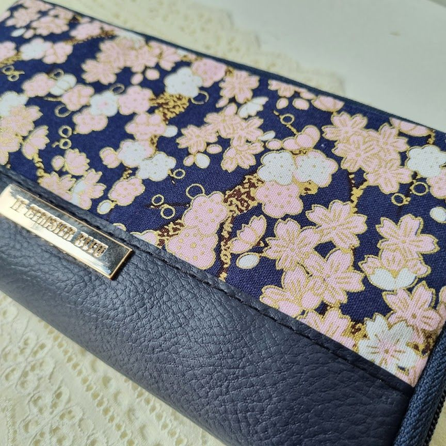 Portefeuille long zippé "Hinata" bleu & simili cuir bleu marine