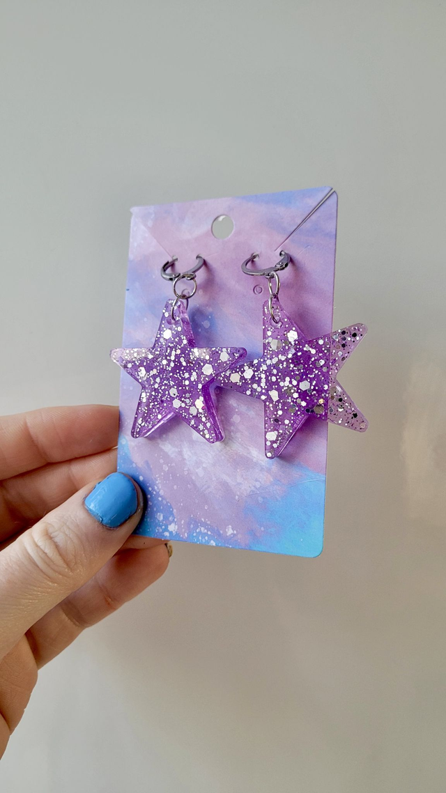 Earrings | Lilac Purple Glitter Stars | Stainless Steel Lever Back Hoops
