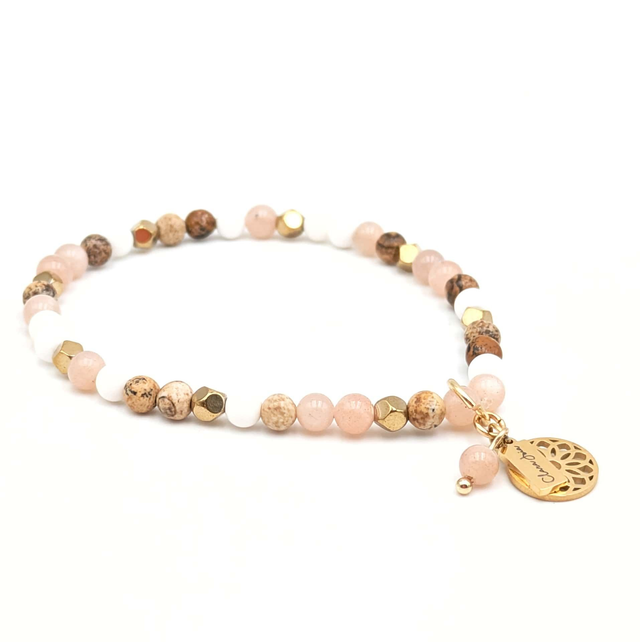 Bracelet Clara Joia Pierre de Soleil Jaspe Paysage Coquillage Acier Doré Soleil