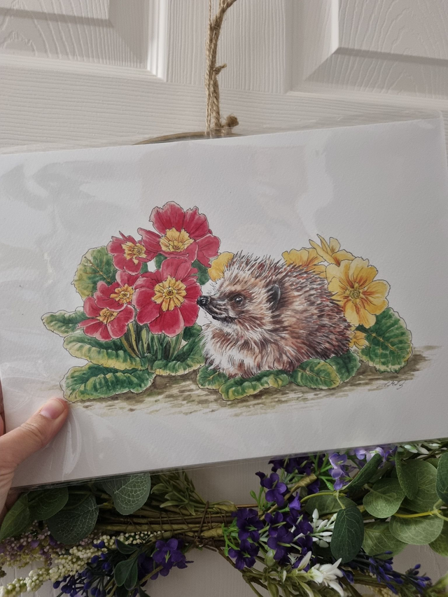 CLEARANCE - Old Paper Stock (textured) - "Hedgehog &amp; Primroses" - A4 size