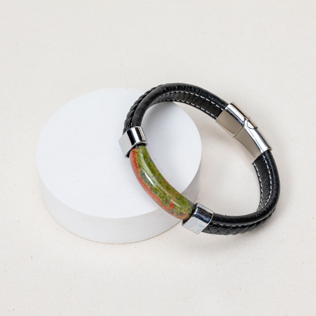 Bracelet Cuir véritable et Unakite - Taille unique de 23cm